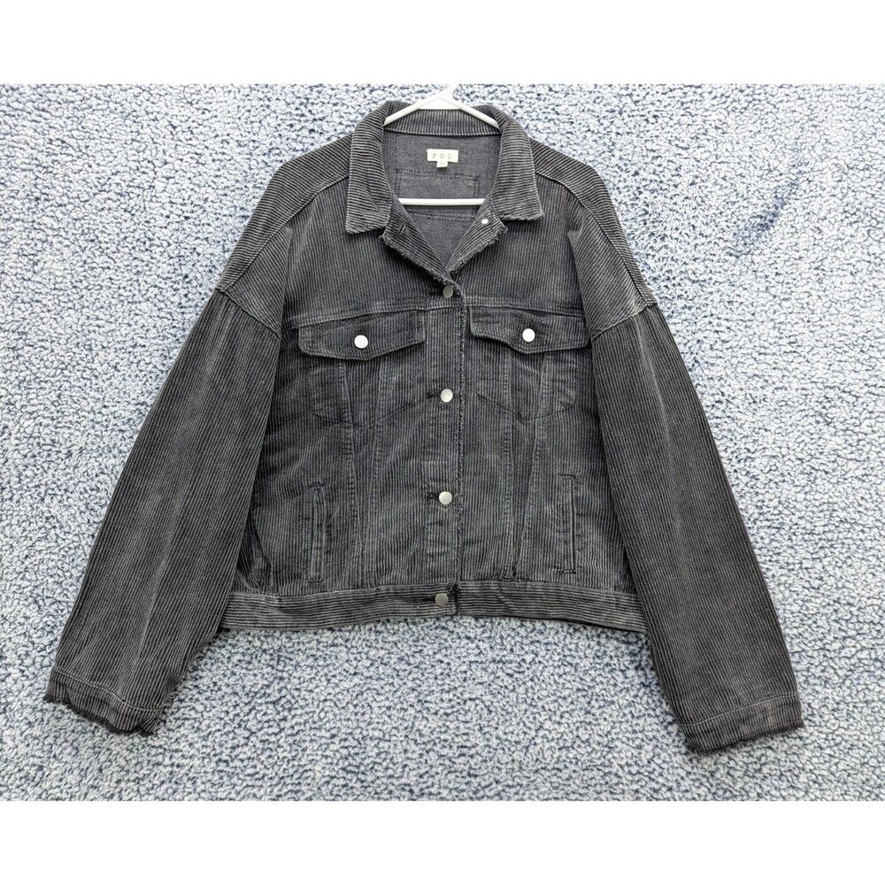 POL Corduroy Trucker Jacket Size M Boho Grunge Oversized 90s Fringe Raw Hem Gray